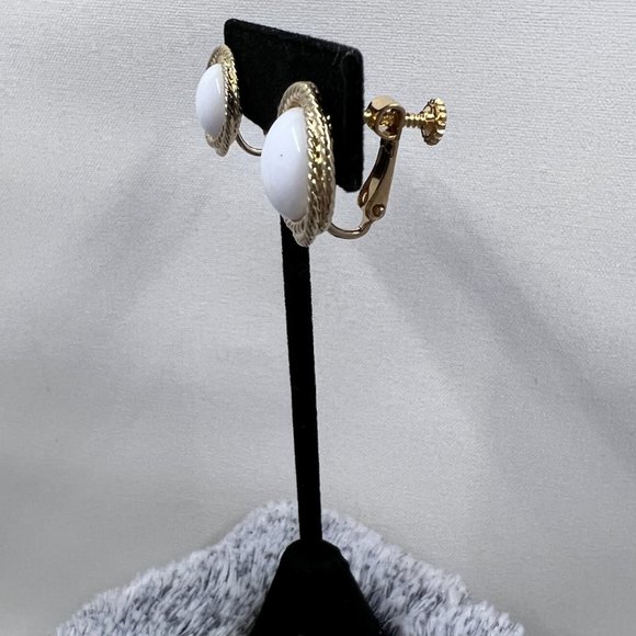 Napier - Large White Crew Back Earrings, Textured Gold Tone Rope .75” Diameter. - Picture 3 of 4